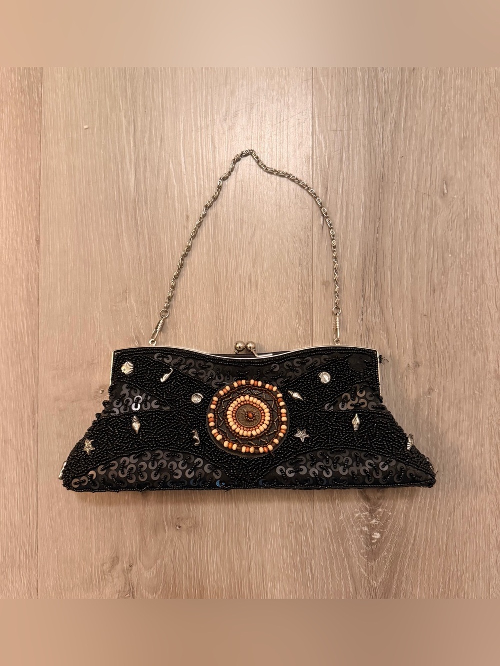 Vintage Black Beaded Seashell Evening Clutch Bag Kiss Lock Chain Strap Boho